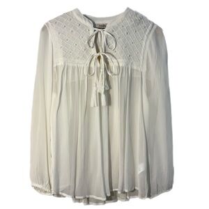 LUCKY BRAND 100% Viscose Embroidered Faux Pearl Long Sleeve Sheer Blouse Cream M